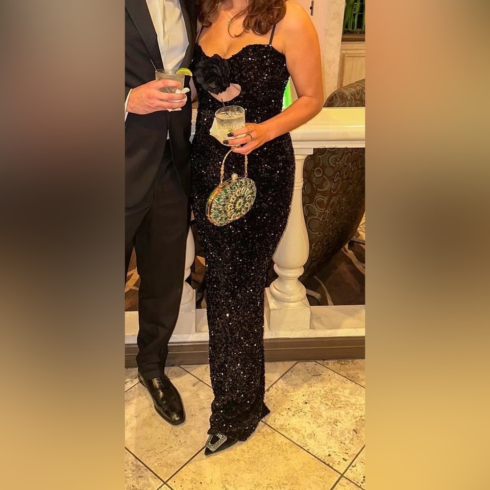 Black Sequin Maxi Dress with Bow Detail - Elegant Evening Gown